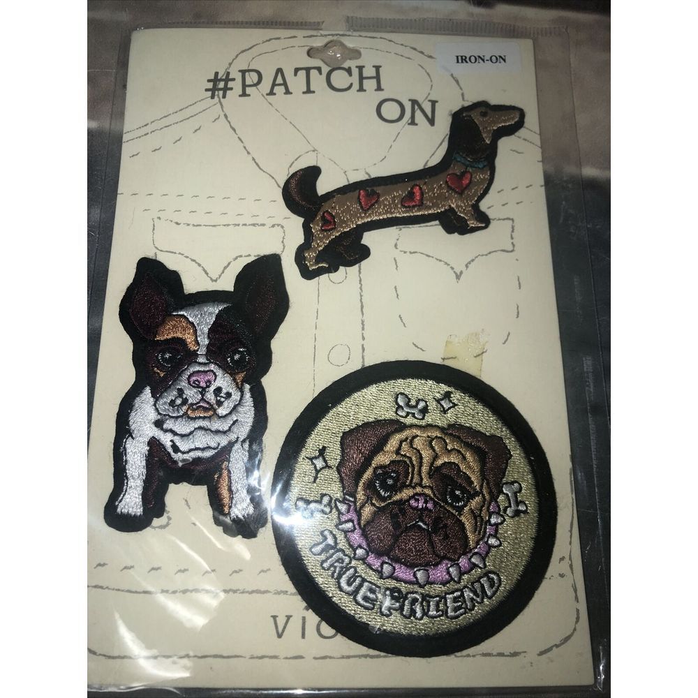 The Good Cat Company Embroidered DOG 3‎ Piece Iron on Patch Set Frenchie Pug